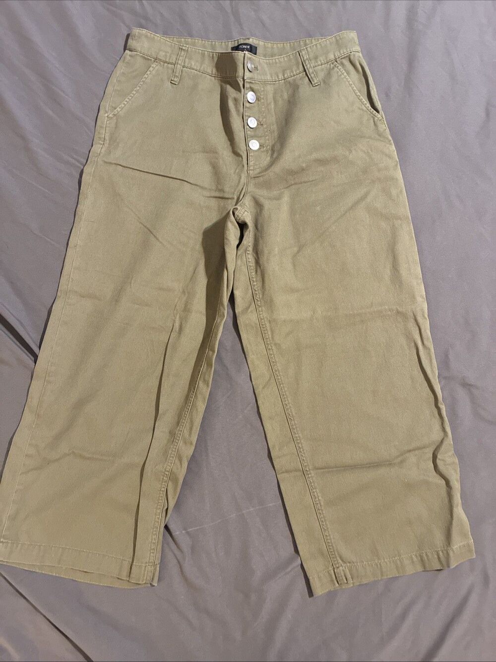 J Crew Olive Green Wide Leg Button Fly cropped pants Sz 8